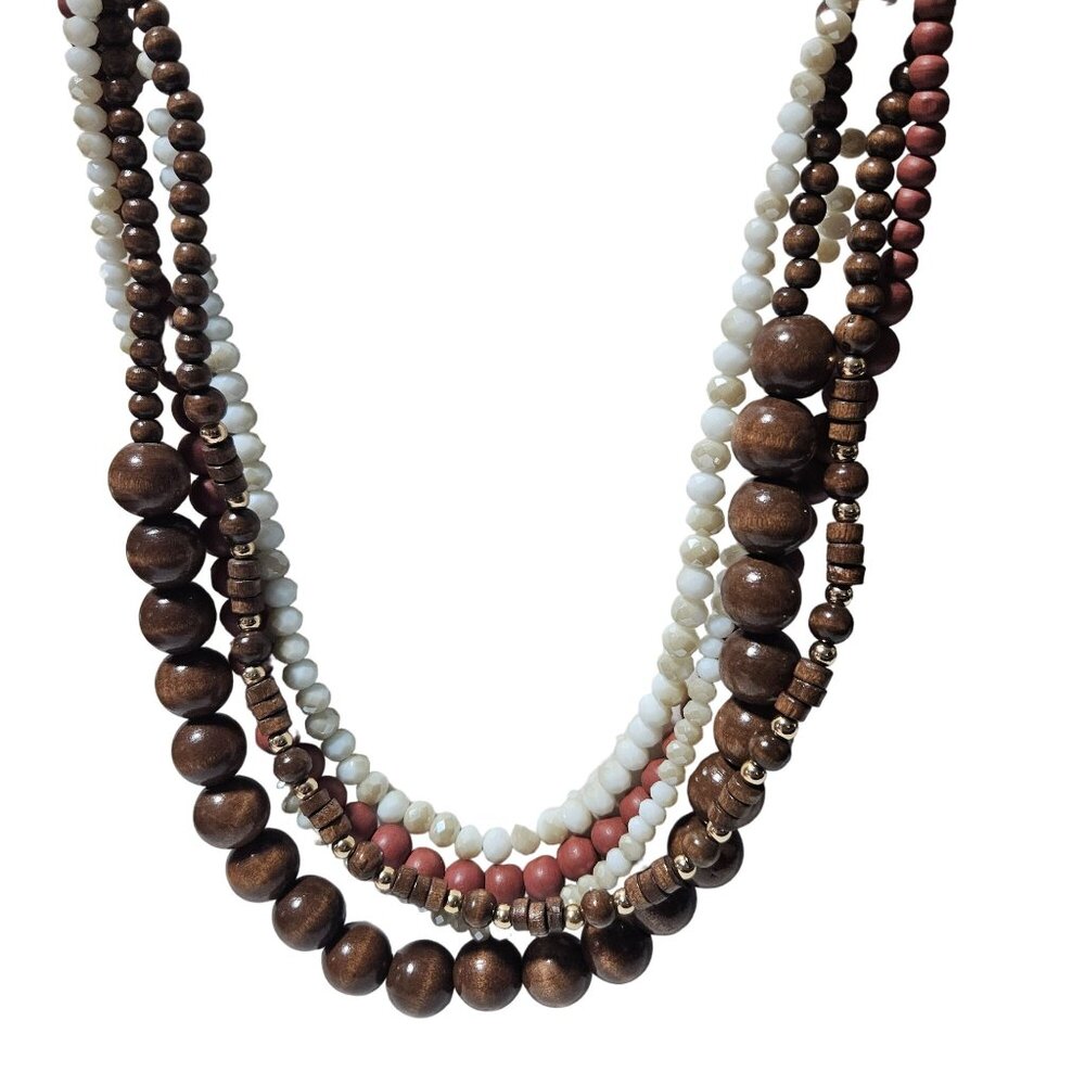 Boho Chunky Wooden Glass Beaded Necklace Multi Strand Time And Tru Jewelry Women
